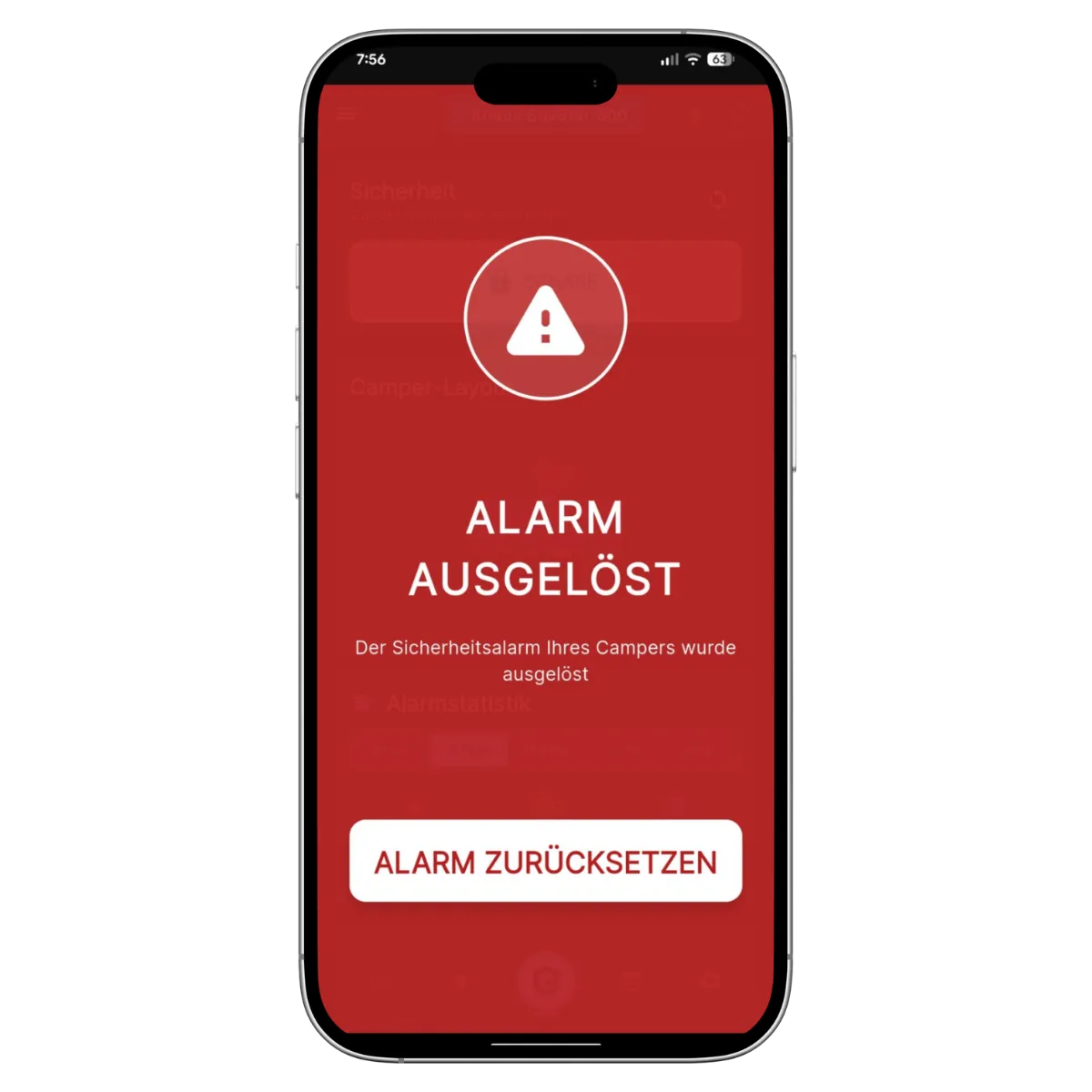 Smartphone affichant la notification CamperGuard « Alarme déclenchée ».