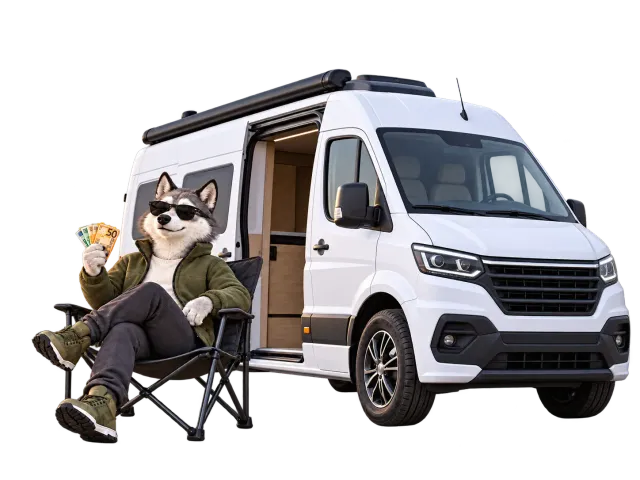 Loup portant des lunettes de soleil, avec des billets, dans un fauteuil de camping devant un camping-car blanc