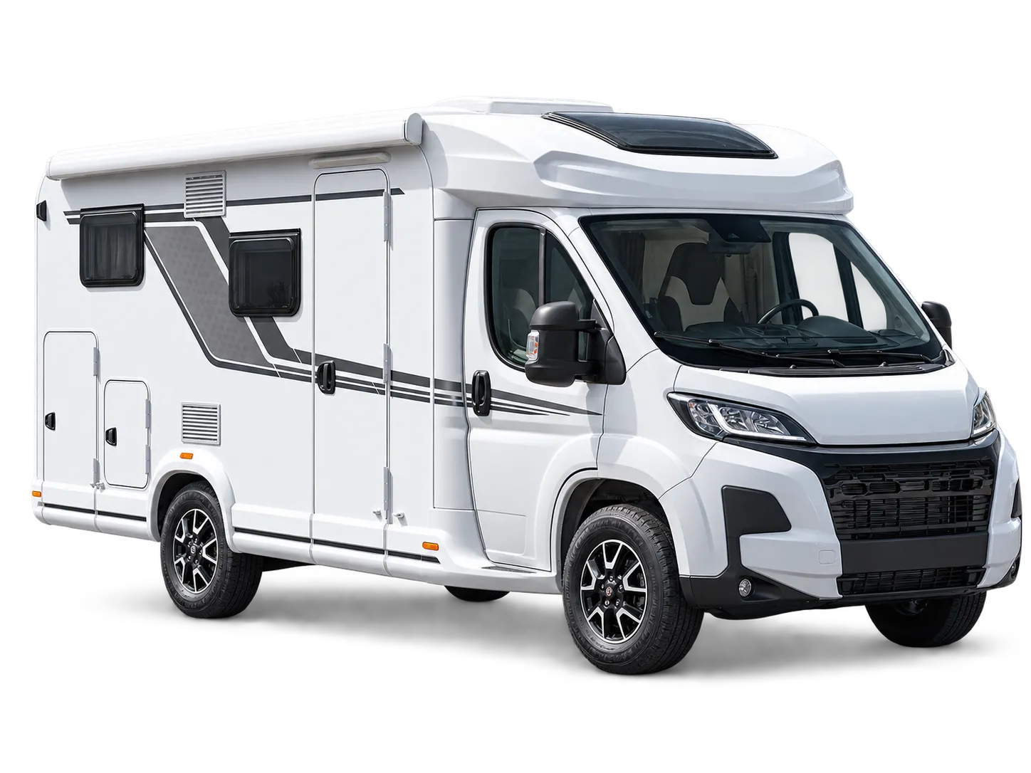 Camping-car blanc détouré, vu de trois quarts